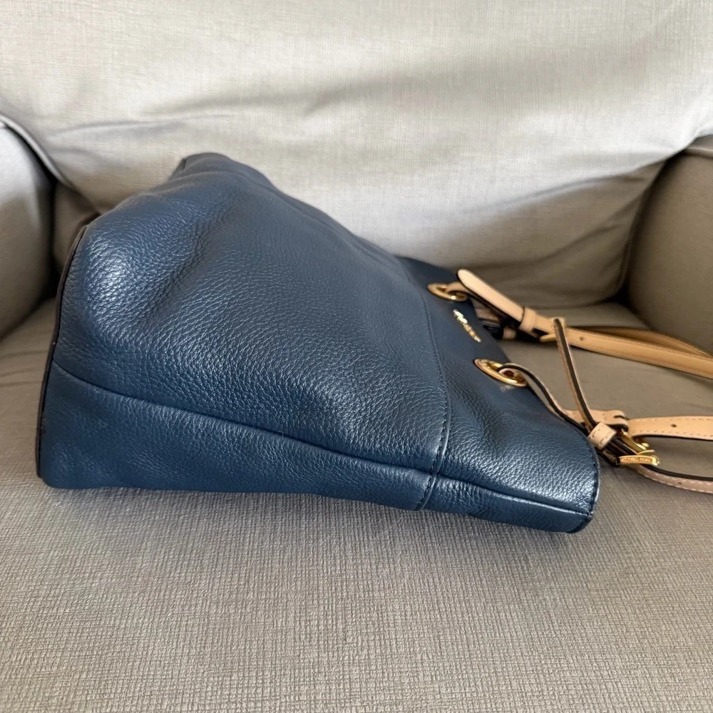 Michael Kors Dark Blue Pebbled Leather with Tan Straps Shoulder Bag Tote - Picture 7 of 15